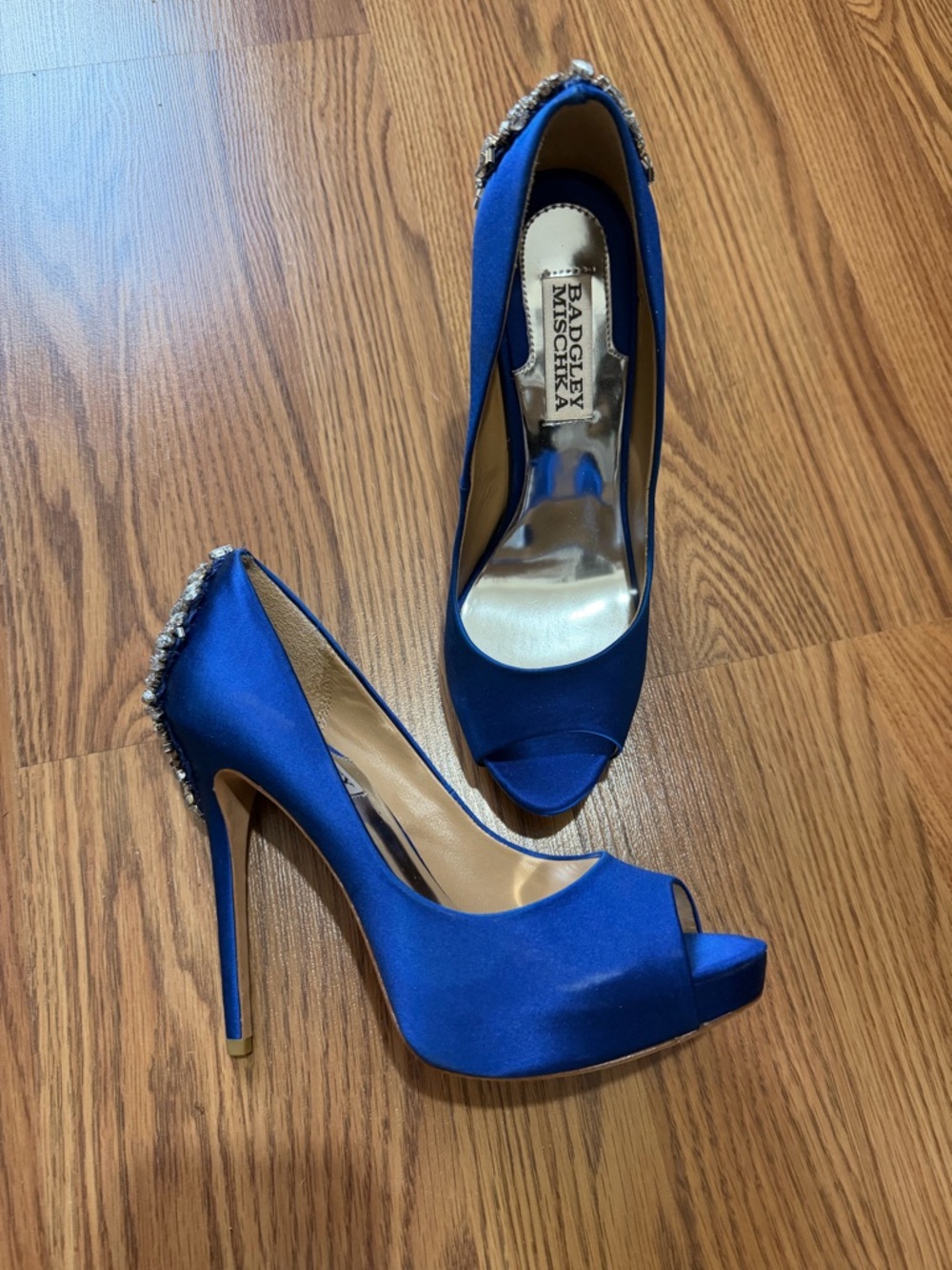 Badgley Mischka Cobalt Blue Satin Peep-Toe Heels with Crystal Back